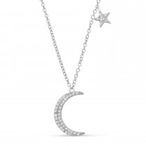 Diamond Moon and Single Star Pendant Necklace 14k White Gold (0.10ct)