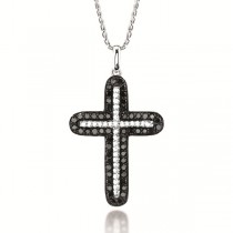 1.00ct 14k White Gold Black & White Diamond Cross Pendant Necklace