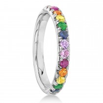 Multi-Color Sapphire Stackable Wedding Ring Band 14K White Gold (0.63ct)