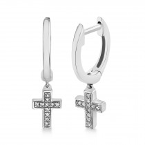 Diamond Accented Cross Drop Huggie Earrings 14k White Gold (0.04ct)