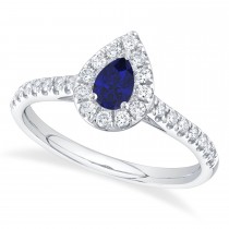 Pear Cut Blue Sapphire & Diamond Engagement Ring 14K White Gold (0.62ct)