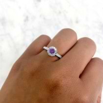 Round Amethyst Solitaire & Diamond Engagement Ring 14K White Gold (0.56ct)