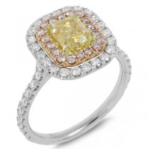 1.51ct Radiant Cut Center and 0.92ct Side 18k Three-tone Gold EGL Certified Natural Yellow Diamond Ring