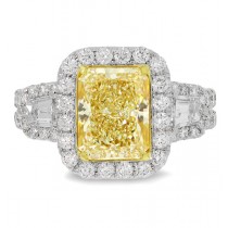 2.58ct Radiant Cut Center and 1.65ct Side 18k Two-tone Gold EGL Certified Natural Yellow Diamond Ring