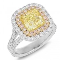 2.02ct Radiant Cut Center and 1.36ct Side 18k Three-tone Gold EGL Certified Natural Yellow Diamond Ring
