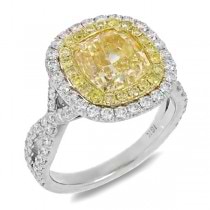 3.00ct Cushion Cut Center and 1.13ct Side 18k Two-tone Gold EGL Certified Natural Yellow Diamond Ring