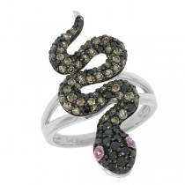 1.26ct Black & Champagne Diamond & 0.06ct Pink Sapphire 14k White Gold Snake Ring