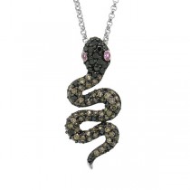 1.26ct Black & Champagne Diamond & 0.06ct Pink Sapphire 14k White Gold Snake Pendant Necklace