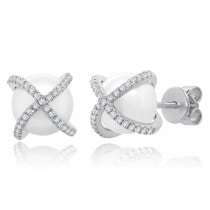 Diamond & Cultured Pearl Crisscross Stud Earrings 14K White Gold (0.21ct)