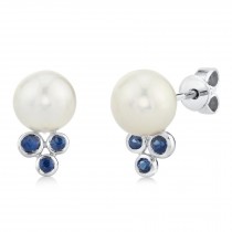 Blue Sapphire & Cultured Pearl Stud Earrings 14K White Gold (0.21ct)