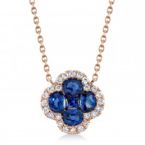 Diamond & Blue Sapphire Clover Pendant Necklace 14K Rose Gold (1.30ct)