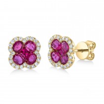 Diamond & Ruby Clover Stud Earrings 14K Yellow Gold (2.36ct)
