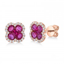 Diamond & Ruby Clover Stud Earrings 14K Rose Gold (2.36ct)