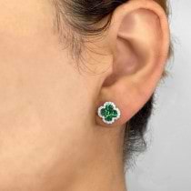 Diamond & Emerald Clover Stud Earrings 14K White Gold (1.62ct)