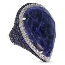 0.62ct Diamond & 29.65ct Sodalite & Blue Sapphire 14k White Gold Ring