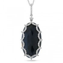 0.53ct Diamond & 20.84ct Flat Rose Cut Blue Sapphire 18k White Gold Pendant Necklace
