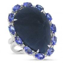 0.12ct Diamond & 27.00ct Flat Rose Cut Blue Sapphire & Tanzanite 18k White Gold Ring