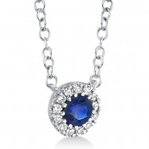 Diamond & Blue Sapphire Halo Pendant Necklace 14k White Gold (0.18ct)