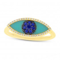 0.09ct Diamond & 0.62ct Blue Sapphire & Turquoise 14k Yellow Gold Eye Ring