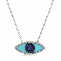 Turquoise & Blue Sapphire & Diamond Evil Eye Pendant Necklace 14k White Gold (0.74ct)