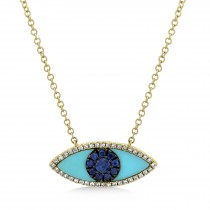 Turquoise & Blue Sapphire & Diamond Evil Eye Pendant Necklace 14k Yellow Gold (0.74ct)
