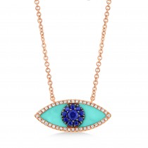 Turquoise & Blue Sapphire & Diamond Evil Eye Pendant Necklace 14k Rose Gold (0.74ct)