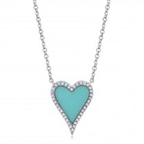 Diamond & Turquoise Heart Pendant Necklace 14K White Gold (0.78ct)