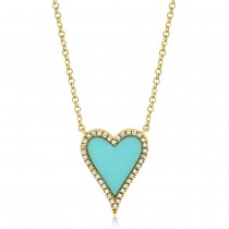 Diamond & Composite Turquoise Heart Pendant Necklace 14k Yellow Gold (0.78ct)