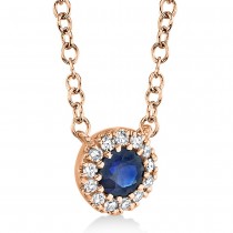 Diamond & Blue Sapphire Halo Pendant Necklace 14k Rose Gold (0.18ct)