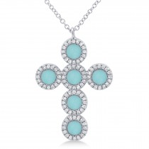 Diamond & Turquoise Cross Pendant Necklace 14K White Gold (0.90ct)