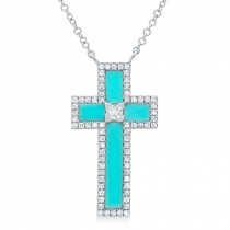 Diamond & Turquoise Cross Pendant Necklace 14K White Gold (1.19ct)