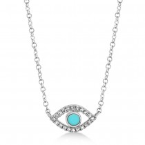 Turquoise & Diamond Evil Eye Pendant Necklace 14k White Gold (0.13ct)