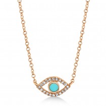 Turquoise & Diamond Evil Eye Pendant Necklace 14k Rose Gold (0.13ct)