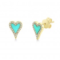 Turquoise & Diamond Heart Stud Earrings 14k Yellow Gold (0.49ct)