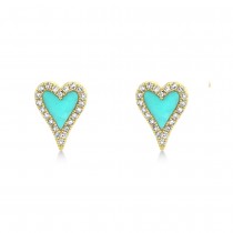 Turquoise & Diamond Heart Stud Earrings 14k Yellow Gold (0.49ct)