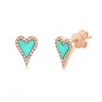Turquoise & Diamond Heart Stud Earrings 14k Rose Gold (0.49ct)