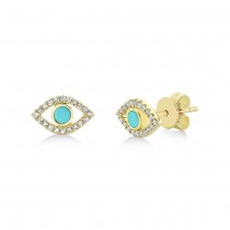 Turquoise & Diamond Evil Eye Stud Earrings 14k Yellow Gold (0.26ct)