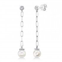 Diamond & Cultured Pearl Paper Clip Link Earrings 14k White Gold (0.20ct)