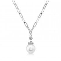 Diamond & Cultured Pearl Paper Clip Link Necklace 14k White Gold (0.05ct)