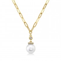 Diamond & Cultured Pearl Paper Clip Link Necklace 14k Yellow Gold (0.05ct)