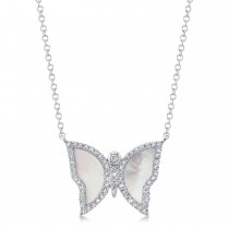 Diamond & Mother Of Pearl Butterfly Pendant Necklace 14K White Gold (0.99ct)