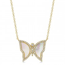Diamond & Mother Of Pearl Butterfly Pendant Necklace 14K Yellow Gold (0.99ct)