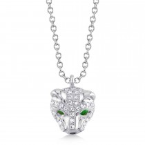 Diamond w/Emerald Panther Pendant Necklace 14K White Gold (0.14ct)