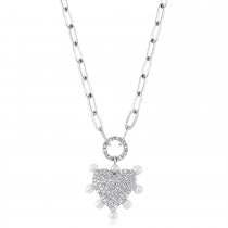 Diamond Cultured Pearl Paper Clip Heart Pendant Necklace 14K White Gold (0.22ct)