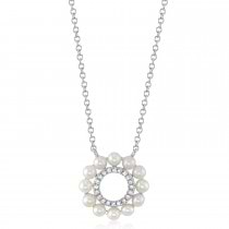 Diamond & Cultured Pearl Circle Pendant Necklace 14K White Gold (0.05ct)
