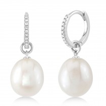 Diamond & Cultured Pearl Huggie Drop Earrings 14K White Gold (0.06ct)