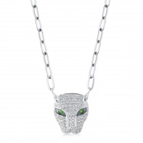 Diamond & Green Garnet Panther Paper Clip Link Pendant Necklace 14K White Gold (0.56ct)