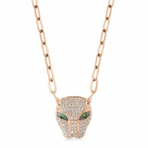 Diamond & Green Garnet Panther Paper Clip Pendant Necklace 14K Rose Gold (0.56ct)