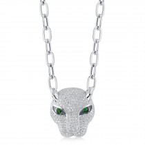 Diamond & Green Garnet Panther Paper Clip Link Pendant Necklace 14K White Gold (3.53ct)