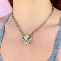 Diamond & Green Garnet Panther Paper Clip Pendant Necklace 14K Yellow Gold (3.53ct)